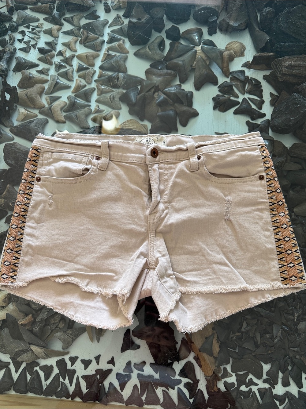Lucky Brand Cream Jean Shorts with Patterned Side Trim